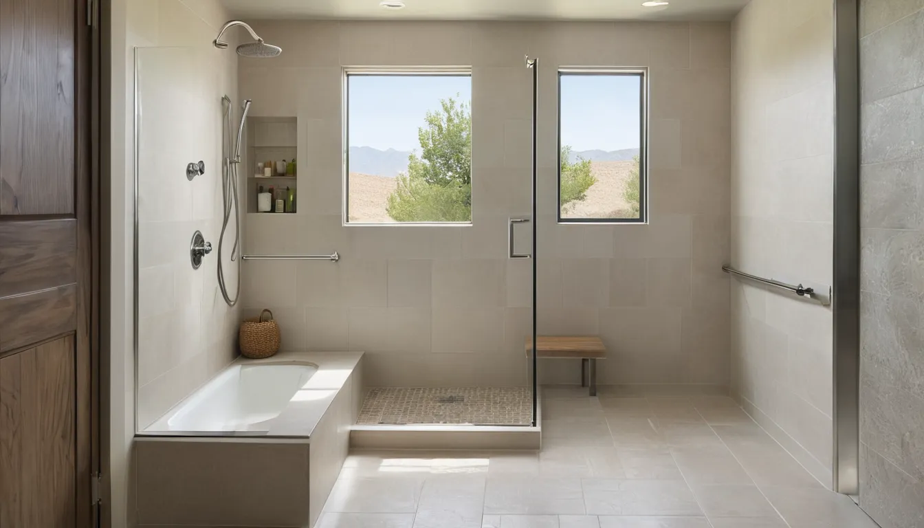 Bright bathroom in the West Covina area with a new low-threshold walk-in shower, grab bar and glass panel