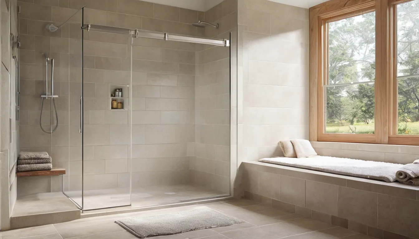 Bright residential walk-in shower with a bench and grab bar in a West Covina home